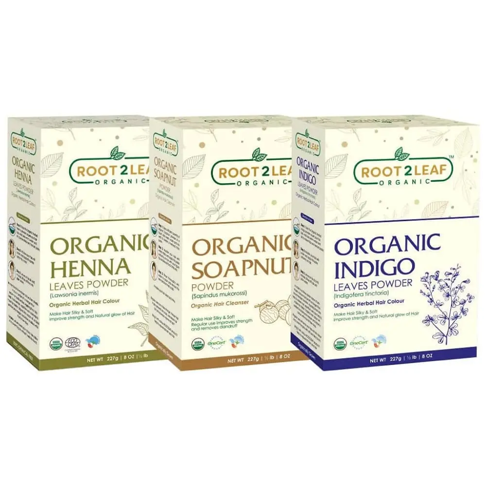 Root2Leaf Organic Pack of 3 Henna Leaf, Soapnut & Indigo Powder 227g