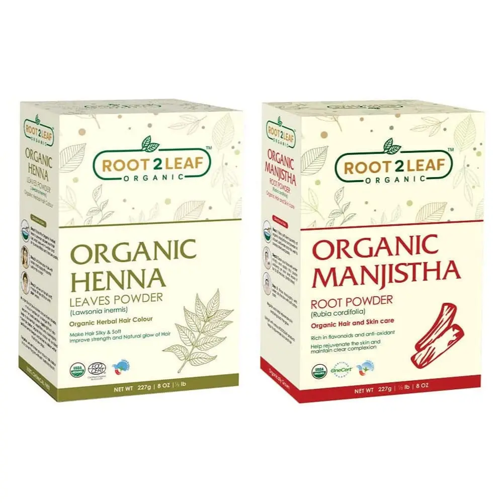 Root2Leaf Organic Pack of 2 Henna Leaf & Manjistha Root Powder 227g