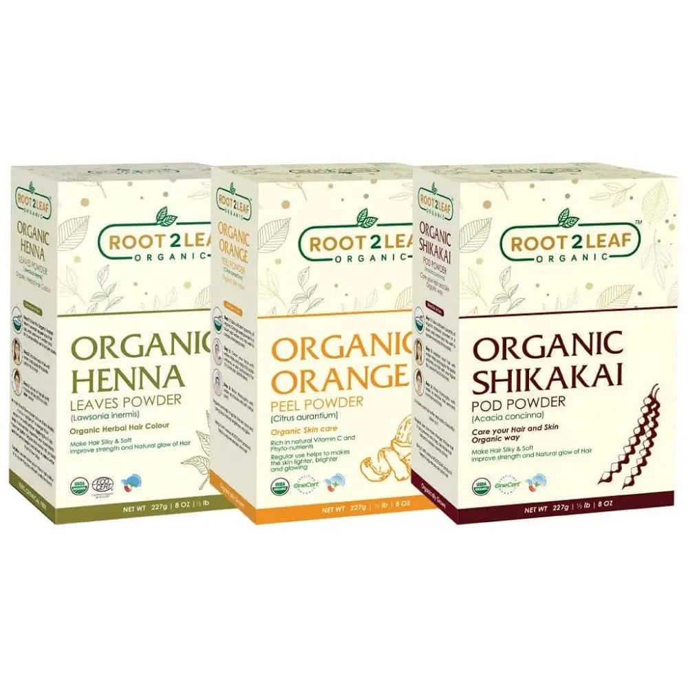 Root2Leaf Organic Pack of 3 Henna Leaf, Orange Peel & Shikakai Powder 227g