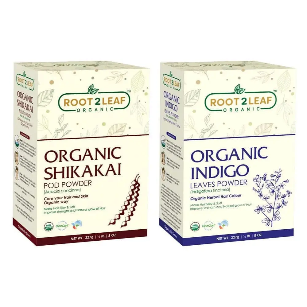 Root2Leaf Organic Pack of 2 Indigo Leaf & Shikakai Powder For Natural Hair 227g