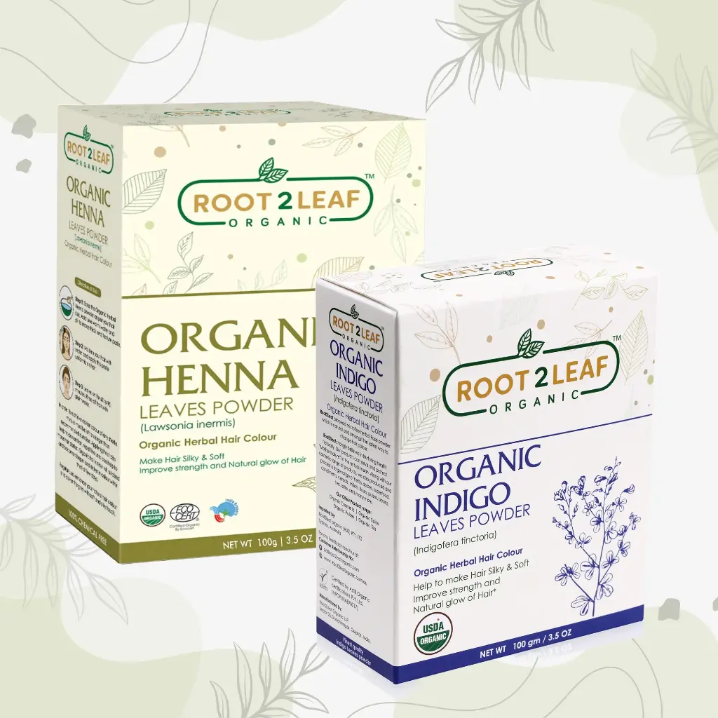 Root2Leaf Organic Pack of 2 Indigo Leaf & Henna Powder For Natural Hair 100g