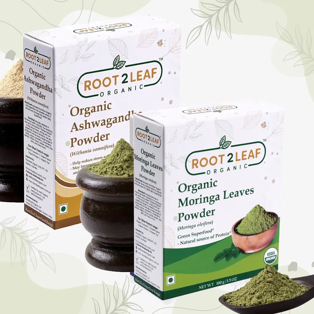 Root2Leaf Organic Pack of 2 Moringa & Ashwagandha Root Powder (100g)