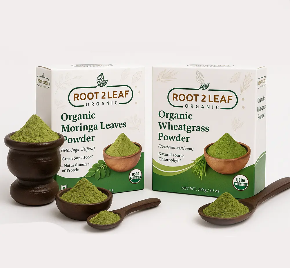 Root2Leaf Organic Pack of 2 Moringa & Wheat Grass Powder (100g)