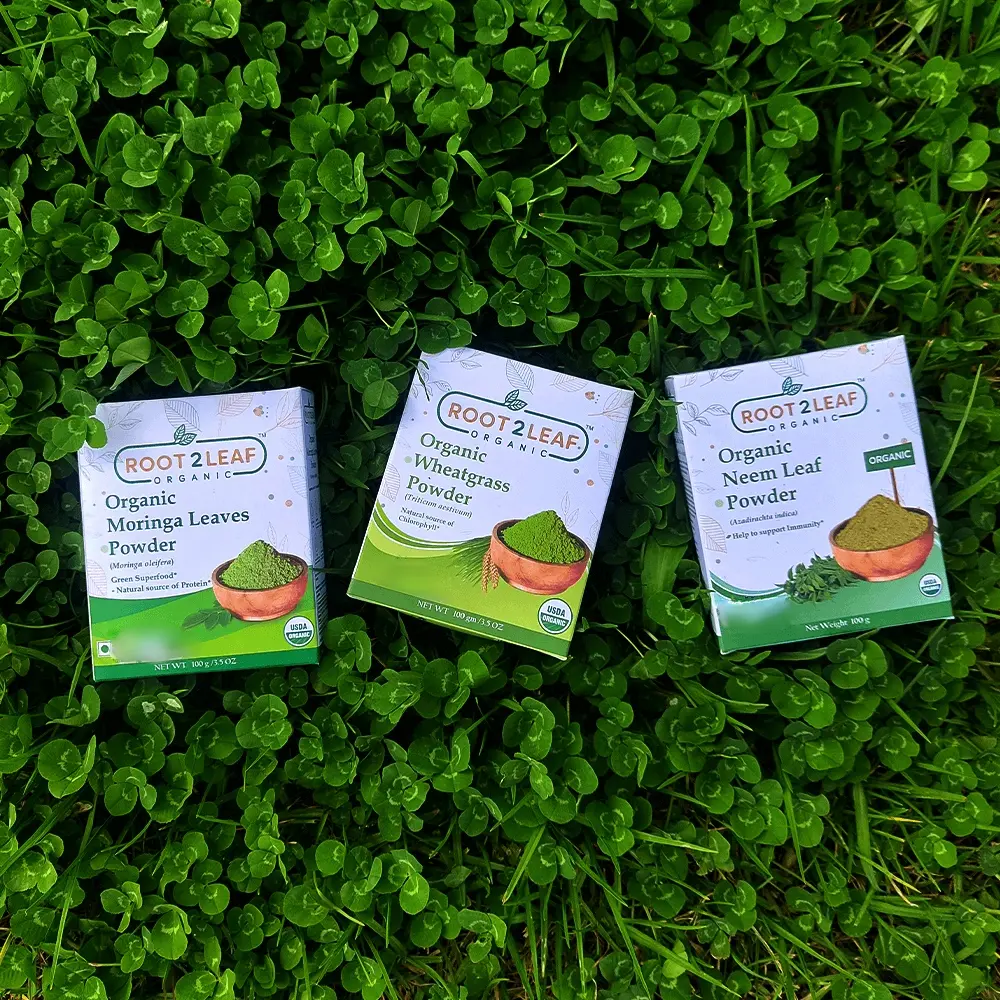 Root2Leaf Organic Pack of 3 Moringa Leaf Powder & Wheat Grass Powder & Neem Leaf Powder (100g)