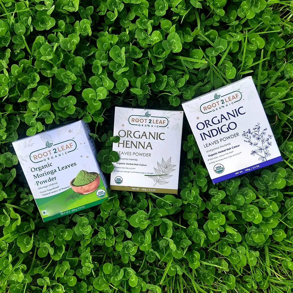 Root2Leaf Organic Pack of 3 Moringa Leaf Powder &  Henna Powder & Indigo Leaves Powder (100g)