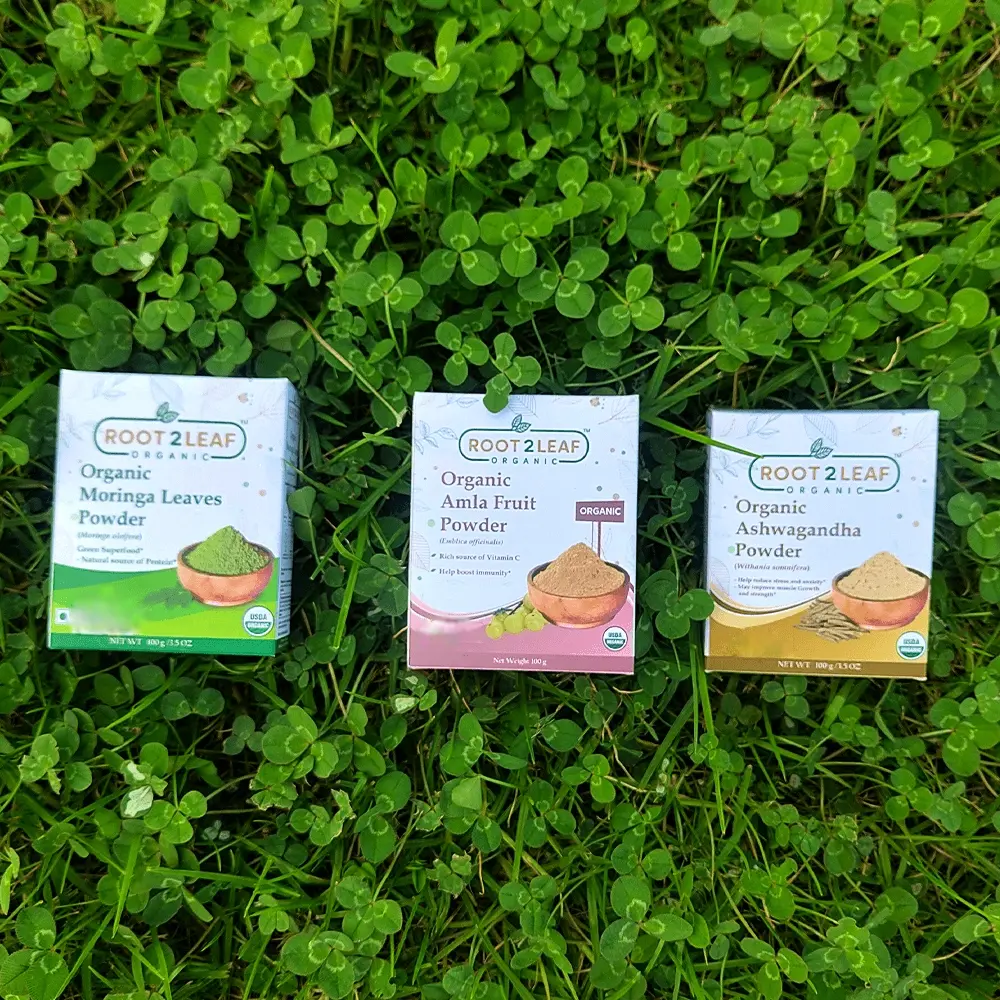 Root2Leaf Organic Pack of 3 Moringa Leaf Powder &  Amla Powder & Ashwagandha Root Powder(100g)