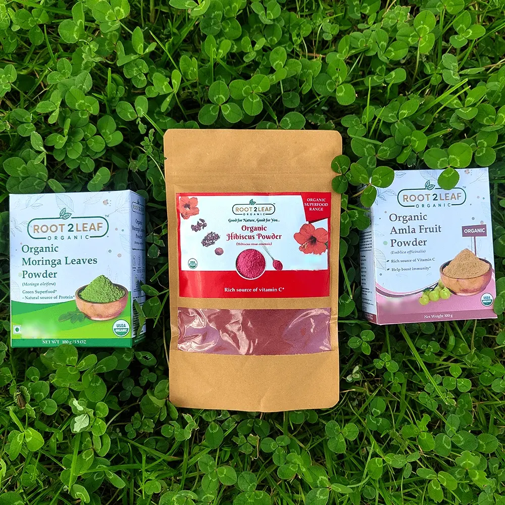 Root2Leaf Organic Pack of 3 Moringa Leaf Powder & Hibiscus Powder &  Amla Powder (100g)