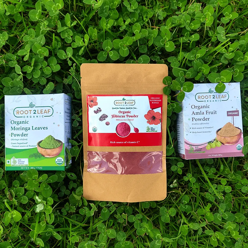 Root2Leaf Organic Pack of 3 Moringa Leaf Powder & Hibiscus Powder &  Amla Powder (100g)