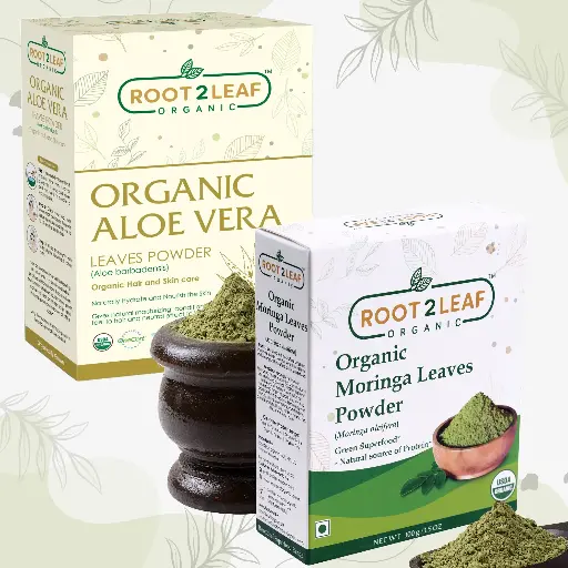 Root2Leaf Organic Pack of 2 Moringa Leaf & Organic Aloe Vera Leaves 100g