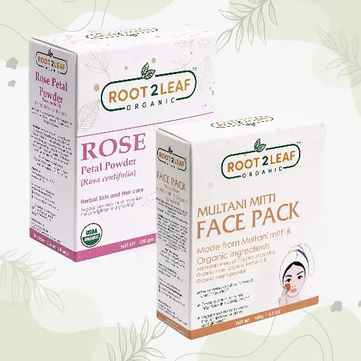 Root2Leaf Natural Pack of 2 Red Rose Petal Powder & Natural Multani Mitti Face Pack(100g)
