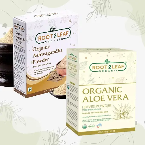 Root2Leaf Organic Pack of 2 Ashwagandha & Aloe Vera Leaves Powder  (100g)