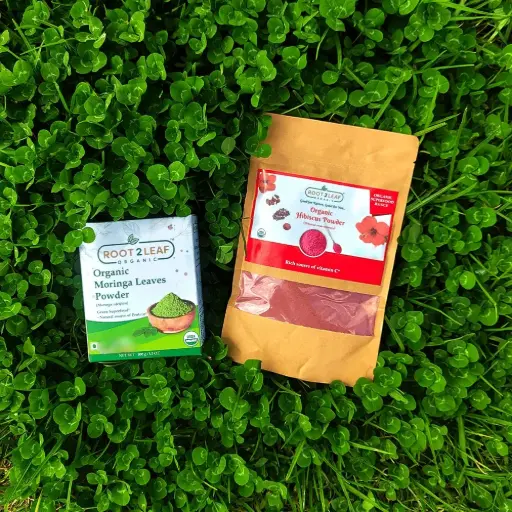 Root2Leaf Organic Pack of 2 Moringa Leaf & Hibiscus Powder (100g)