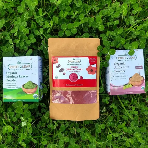 Root2Leaf Organic Pack of 3 Moringa Leaf Powder & Hibiscus Powder &  Amla Powder (100g)