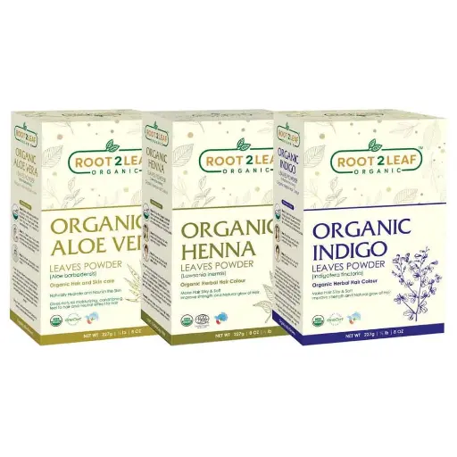 Root2Leaf Organic Pack of 3 Aloe Vera, Henna Leaf & Indigo Powder 227g