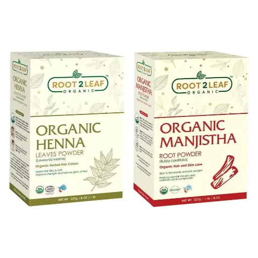 Root2Leaf Organic Pack of 2 Henna Leaf & Manjistha Root Powder 227g